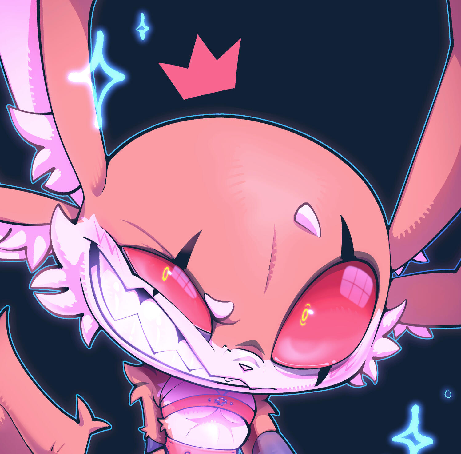 A digital illustration of my demon bunny OC with a sharp-toothed grin.
